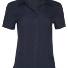 Dark blue, short-sleeve button-up shirt with a collar. The shirt has a simple and classic design, with buttons down the front.