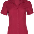 A red short-sleeve button-up blouse with a collar, shown on a white background. The blouse is neatly pressed, with a tailored fit and six buttons down the front.