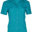 A teal short-sleeved button-up shirt with a collar shown against a white background. The shirt has six buttons down the front and features a tailored fit.