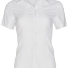 A white short-sleeve button-up shirt with a collar, displayed on a plain background.