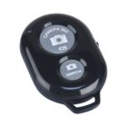 Black Bluetooth remote camera shutter with two labeled buttons for iOS and Android devices.