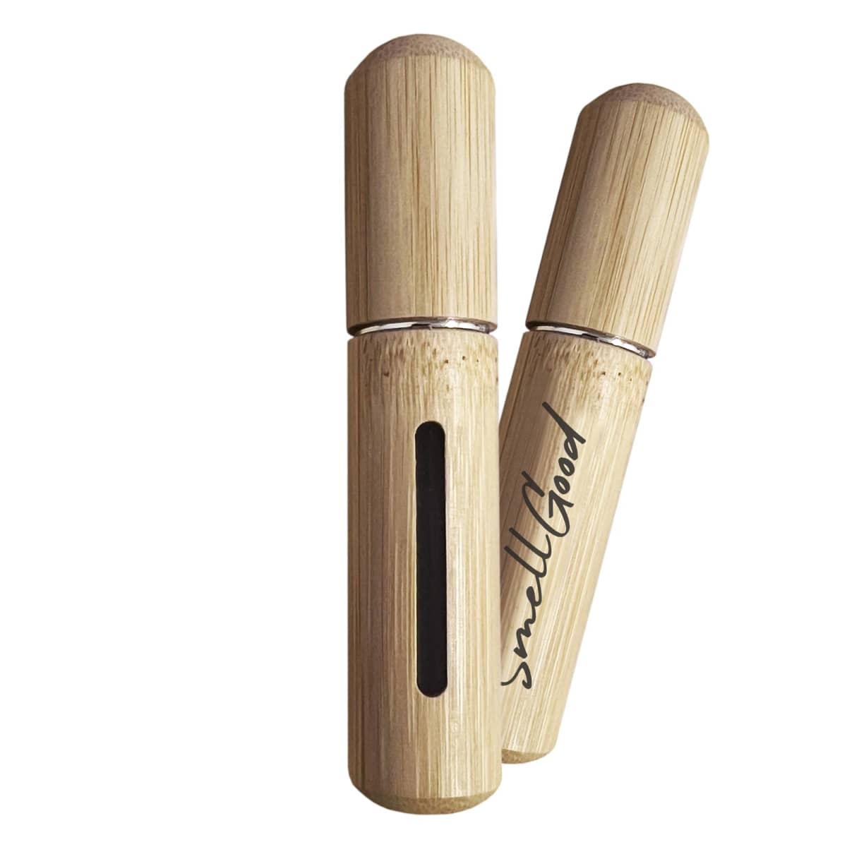 Two cylindrical bamboo toothbrush cases are shown. One is upright with a side opening, and the other is laid next to it, displaying the Small Proof logo.
