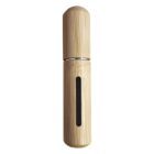 A cylindrical, wooden, refillable perfume atomizer with a visible inner container through a vertical window on the side. The cap and base are rounded and seamlessly fit together, giving it a natural, eco-friendly appearance.
