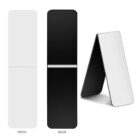 The image shows a tri-fold rotating dual-sided countertop sign. One side is white labeled FRONT, and the other side is black labeled BACK. Its freestanding and open in a triangular shape.