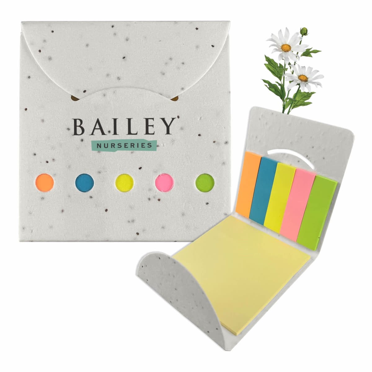 A white package with colorful circle cutouts labeled B.A.I.L.E.Y Nurseries is displayed. It contains a set of sticky notes in various colors and a sprig of small white flowers behind it.