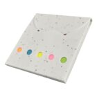 A white speckled envelope containing five circular sticky notes in orange, blue, yellow, pink, and green, arranged in a row on the front.