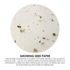 A circular image shows a close-up of seed paper with tiny green sprouts emerging from the white, textured surface. Small seeds and newly sprouted seedlings are visible. Text below provides instructions for using seed paper for planting.