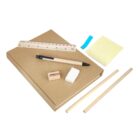 A set of stationery items including a brown notebook, wooden ruler, black and wooden pen, pencil sharpener, white eraser, post-it notes, blue sticky tabs, and two unsharpened pencils arranged on a white background.