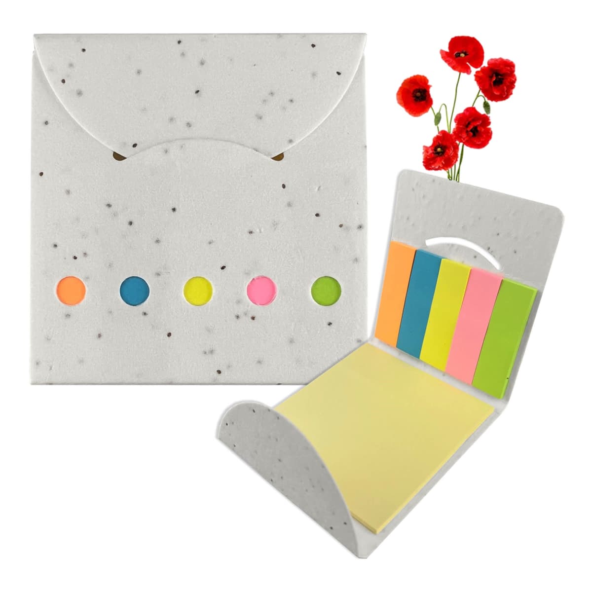 A set of colorful sticky notes in a speckled, recycled paper holder. The holder is open, revealing multiple colored tabs. To the right, a bunch of small red flowers is displayed against a white background.