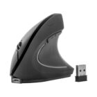 A black vertical ergonomic wireless mouse with a USB receiver next to it, designed for comfortable hand positioning. The mouse features buttons on the side and a scroll wheel on the front.