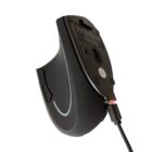 A black ergonomic computer mouse with two side buttons is shown from the bottom view. It is wired, with a USB cable attached.
