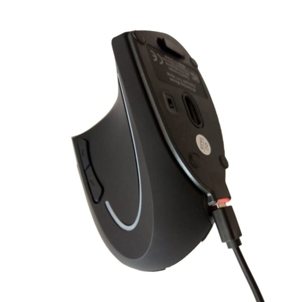 A black ergonomic computer mouse with two side buttons is shown from the bottom view. It is wired, with a USB cable attached.