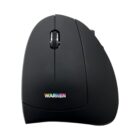 A black computer mouse with a rainbow-colored Warren logo. It features a scroll wheel in the center and an ergonomic design. The image is on a white background.