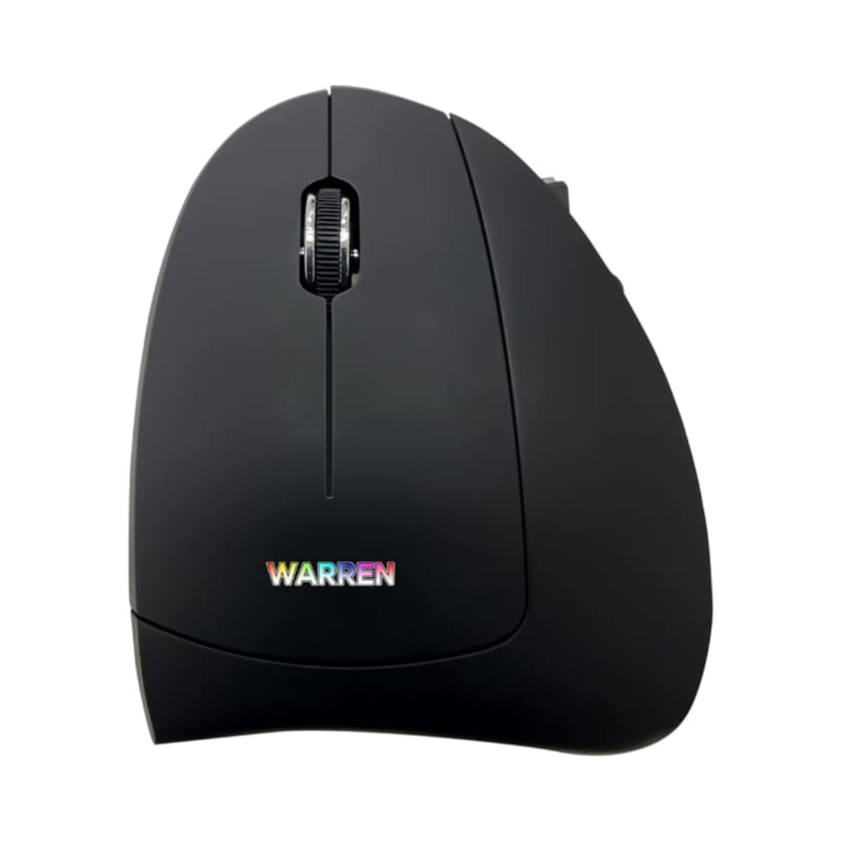 A black computer mouse with a rainbow-colored Warren logo. It features a scroll wheel in the center and an ergonomic design. The image is on a white background.