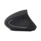 Side view of a black ergonomic vertical computer mouse, featuring two side buttons and a sleek design with a slight curve.