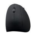 A sleek, black ergonomic computer mouse with a vertical design is shown against a white background. It features a scroll wheel and a contoured shape to promote a comfortable grip.