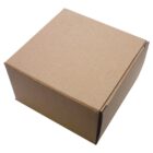 A closed, plain brown cardboard box is shown on a white background. The box is simple and unmarked, with visible folds and flaps on the top and sides.