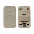 Two beige computer mice made from eco-friendly material. The left mouse shows a scroll wheel and smooth touch surface; the right mouse displays its bottom side with a USB receiver storage compartment.