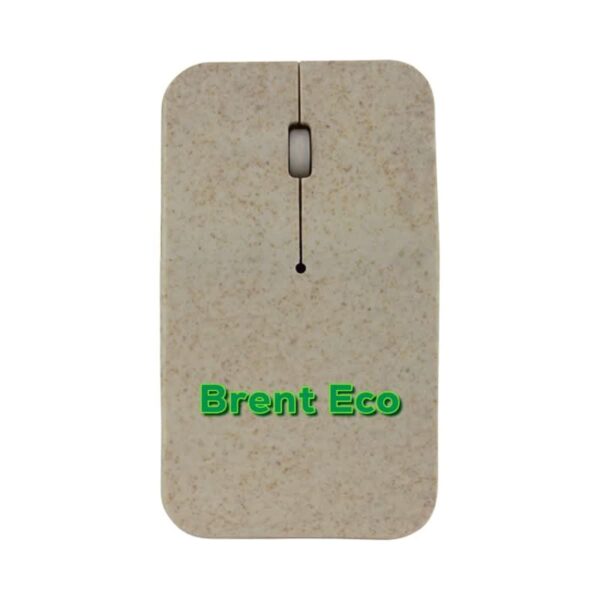 A rectangular, eco-friendly computer mouse labeled Brent Eco. It features a natural, textured surface and a central scroll wheel.