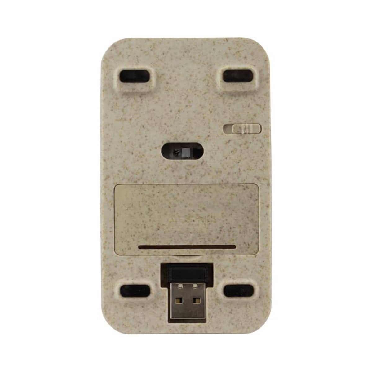 The image shows a wireless computer mouse turned upside down, displaying its underside. It includes a USB dongle, a battery compartment, an optical sensor, and a power switch. The mouse has a speckled, light brown surface.
