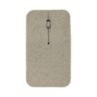 A beige rectangular wireless computer mouse with a minimalist design, featuring a scroll wheel and two buttons. The surface has a speckled texture.