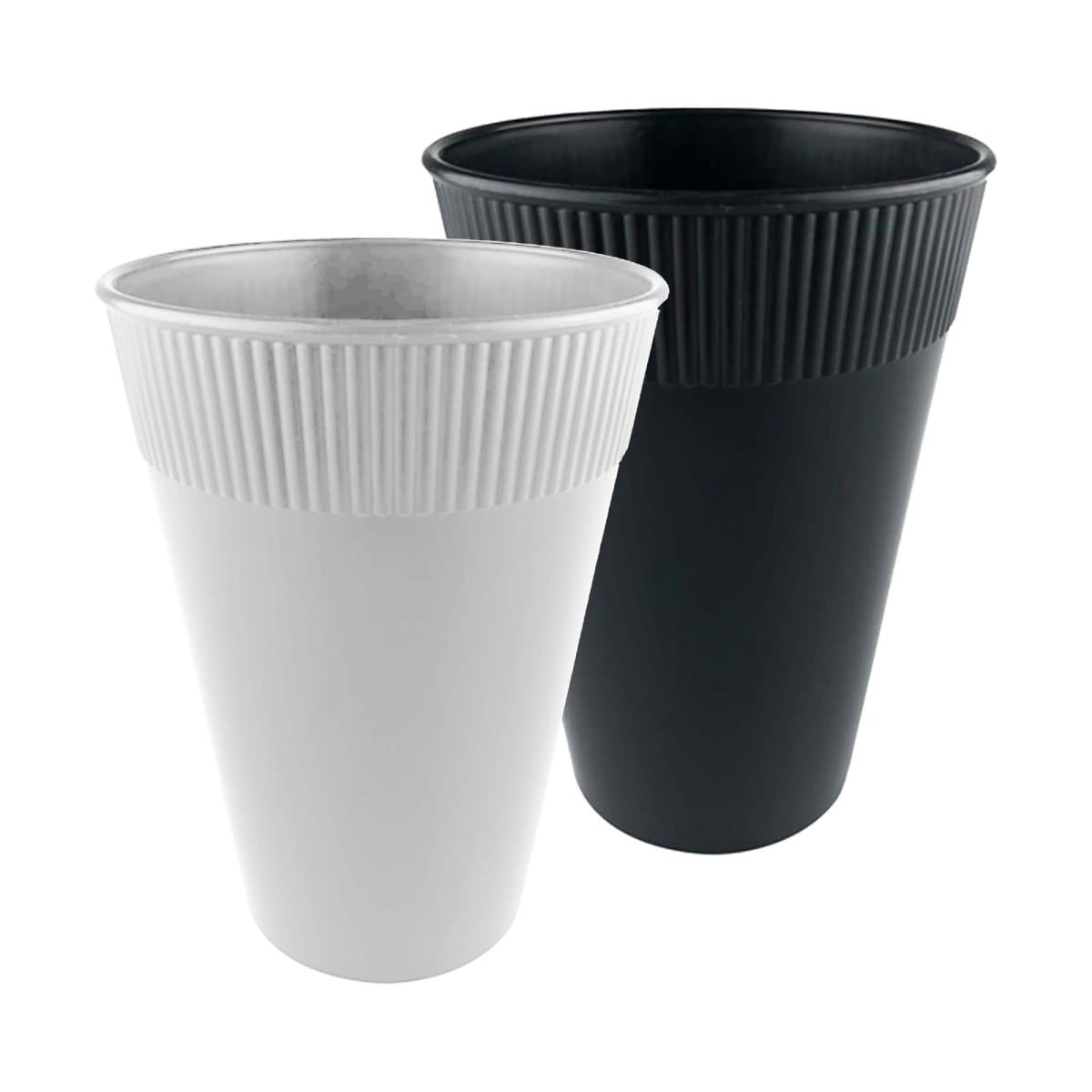 Two large, ribbed, double-walled plastic drinking cups—one black and one white—stand side by side. The design features vertical ridging for grip, giving a modern and sleek appearance.