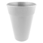 A white, plastic dustbin with vertical ribbed texture near the top. The bin is cylindrical and has a smooth finish on the bottom half. It stands empty on a plain background.
