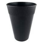 A black, conical plastic planter with ribbed detailing at the top.