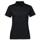 A plain black short-sleeve polo shirt with a collar and three buttons on the front. The fabric appears smooth and slightly textured. The shirt is displayed against a white background.