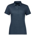 A dark blue, short-sleeved polo shirt with a collar and three buttons on the front. The fabric has a subtle textured pattern. The shirt is displayed against a plain white background.