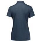 The image shows the back view of a dark blue, short-sleeved polo shirt with a subtle striped pattern and a collar.