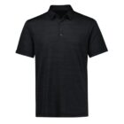 A black short-sleeve polo shirt with a subtle textured pattern. It features a classic collar and three-button placket.
