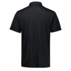 A plain black short-sleeve polo shirt is shown from the back. The fabric has a subtle textured pattern, and the shirt features a flat collar. The image highlights the shirts simple and classic design.