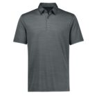 A dark gray polo shirt with a subtle textured pattern. The shirt has short sleeves and a three-button placket.