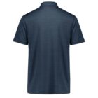 Back view of a dark blue, short-sleeved polo shirt with a subtle textured pattern. The shirt features a classic collar and appears on a plain white background.