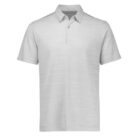 A plain light gray polo shirt with a collar and short sleeves is shown. The shirt has a three-button placket and a subtle texture, giving it a casual and classic appearance.