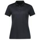 A black womens polo shirt with short sleeves and a three-button placket, displayed against a white background.