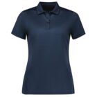A navy blue, short-sleeve polo shirt with a three-button placket, displayed against a white background.