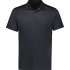 A dark gray polo shirt with a black collar, featuring short sleeves and a three-button placket, displayed against a plain white background.