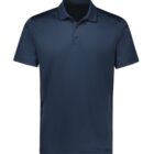 A plain dark blue polo shirt with a collar and short sleeves is displayed against a white background. The shirt has a buttoned placket with two buttons visible.