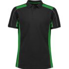 A black polo shirt with green panels on the shoulders and sides. The shirt features a button-up collar and short sleeves, and it has white piping details along the shoulder seams.
