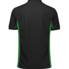 A black short-sleeve polo shirt with green side panels. The back view highlights the contrasting color design and the shirts collar.