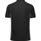 Back view of a plain black polo shirt with short sleeves and light gray side stripes. The fabric appears smooth and slightly glossy. The collar and cuff edges are simple and unadorned.