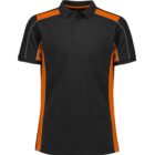 A black polo shirt with orange shoulder and side panels, featuring short sleeves and a buttoned collar.