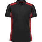 A black polo shirt with red and white accents. The red stripes run along the shoulders and sides, while thin white lines highlight the edges of the sleeves and shoulders. The shirt has a collar and a button-up neckline.