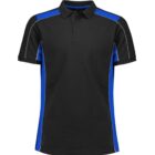 A black polo shirt with blue side panels and shoulder accents. It features short sleeves and a three-button placket.