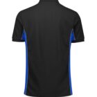 A short-sleeved polo shirt with a black back and blue side panels. The shirt has a collar and no visible logos or patterns.