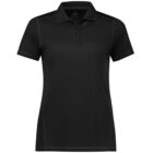 A black short-sleeve polo shirt with a collar and three buttons down the front. The shirt appears to be made of a smooth fabric, displayed on a plain white background.