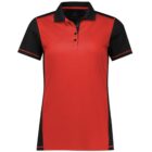 Red and black short-sleeved polo shirt with a buttoned collar. The body is red with black sleeves, shoulder panels, and side panels. Trim detail is on the sleeve edges and collar.