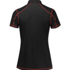Back view of a black short-sleeve polo shirt with red stitching along the seams and edges. The shirt features a collar and a stylish, minimalist design.